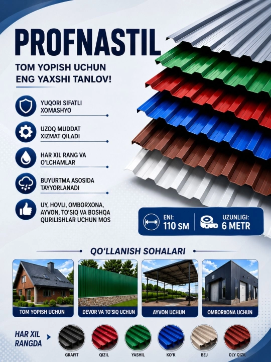 Profnastil profil list 110x100 sm – tom yopish va zabor uchun metall qoplama