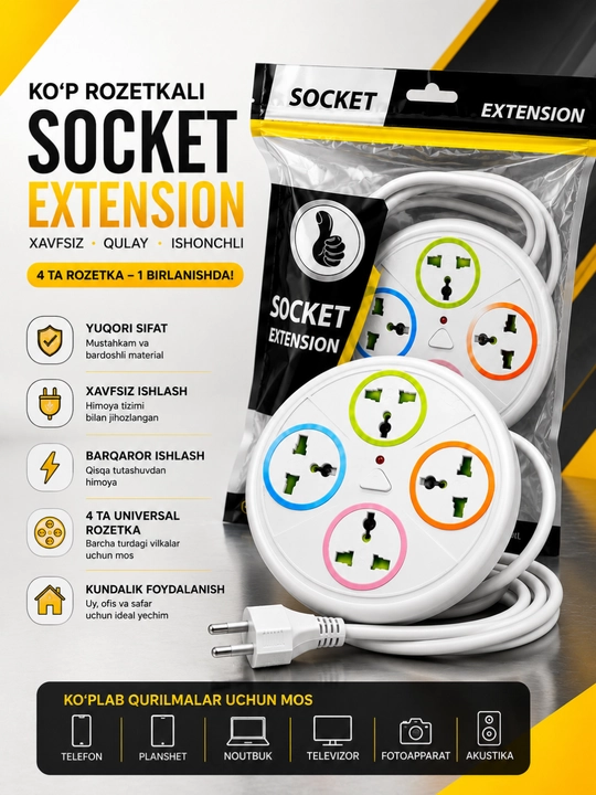 Universal Rozetka Uzaytirgich USB Type-C Himoyali Elektr Taqsimlagich Premium Sifat - 