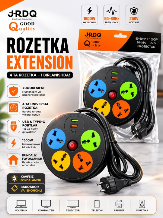 Universal Rozetka Uzaytirgich USB Type-C Himoyali Elektr Taqsimlagich Premium Sifat - 