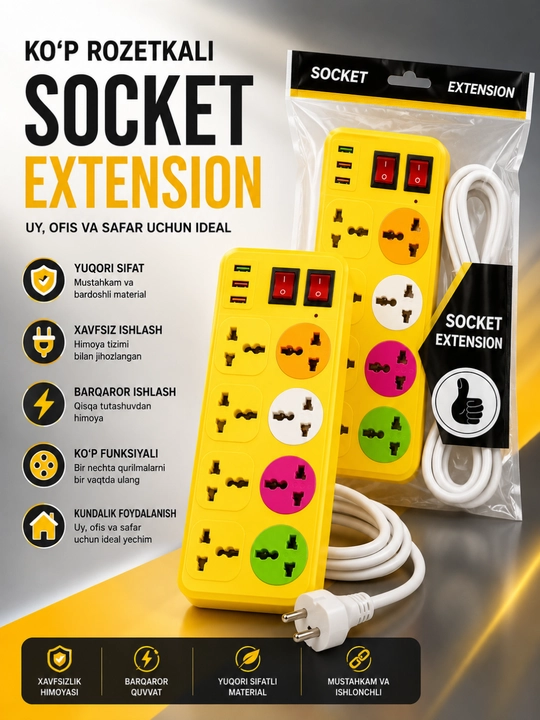 Universal Rozetka Uzaytirgich USB Type-C Himoyali Elektr Taqsimlagich Premium Sifat - 