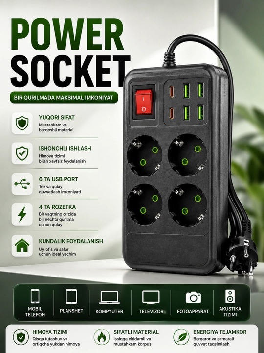 Universal Rozetka Uzaytirgich USB Type-C Himoyali Elektr Taqsimlagich Premium Sifat - 