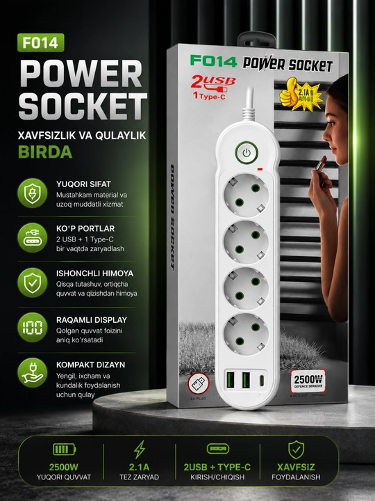 Universal Rozetka Uzaytirgich USB Type-C Himoyali Elektr Taqsimlagich Premium Sifat - 