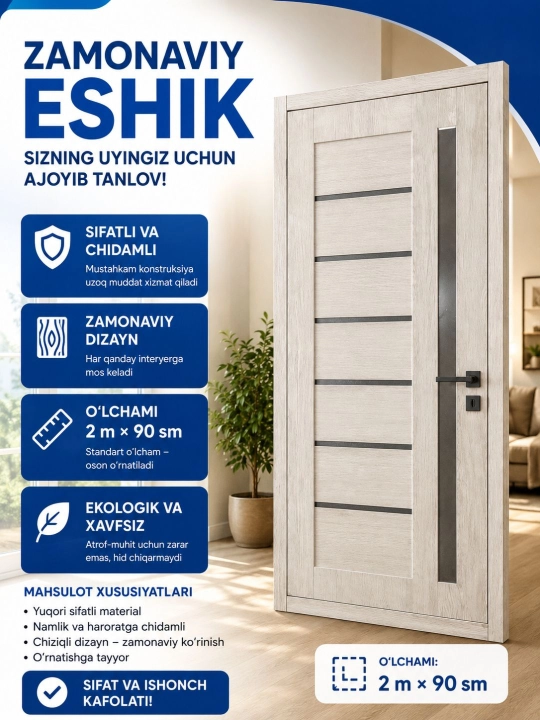 Zamonaviy MDF ichki eshik 200×90 sm – uy va ofis uchun - 