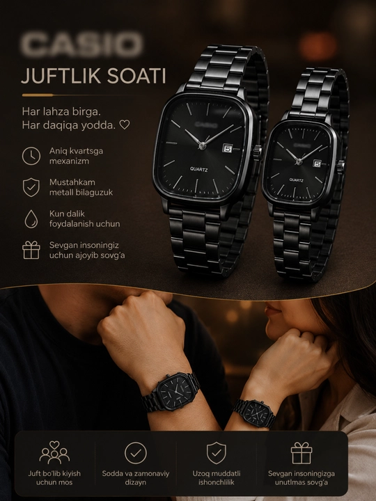 Juftlik qo‘l soatlari, erkaklar va ayollar uchun, kvars mexanizm, metall tasma, sovg'aquti - 