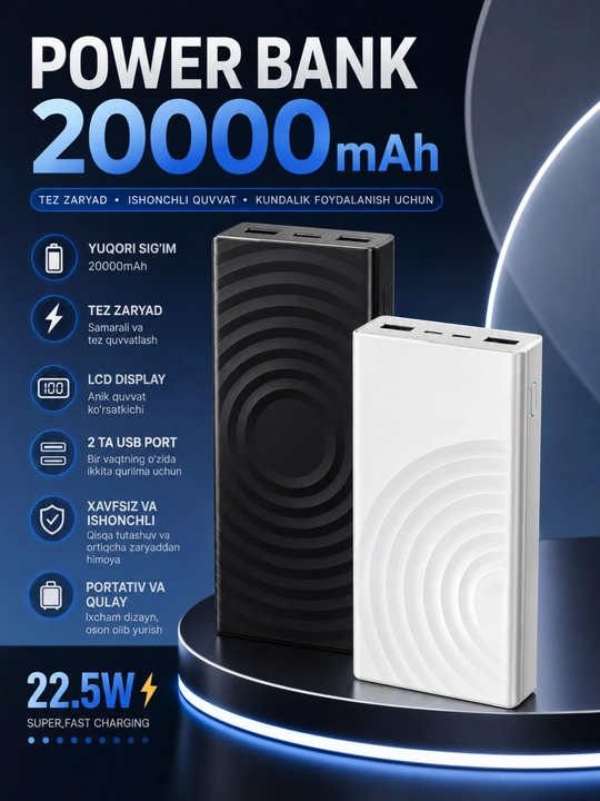 Power Bank 10000/20000/30000mAh 22.5W Tezkor Zaryadlash LED Display USB Portlar - 