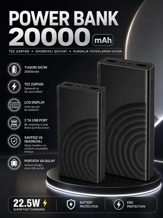 Power Bank 10000/20000/30000mAh 22.5W Tezkor Zaryadlash LED Display USB Portlar - 