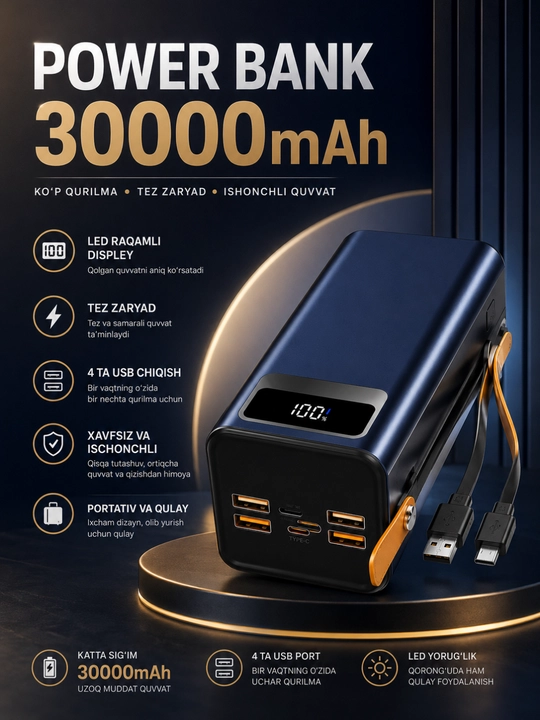 Power Bank 10000/20000/30000mAh 22.5W Tezkor Zaryadlash LED Display USB Portlar - 