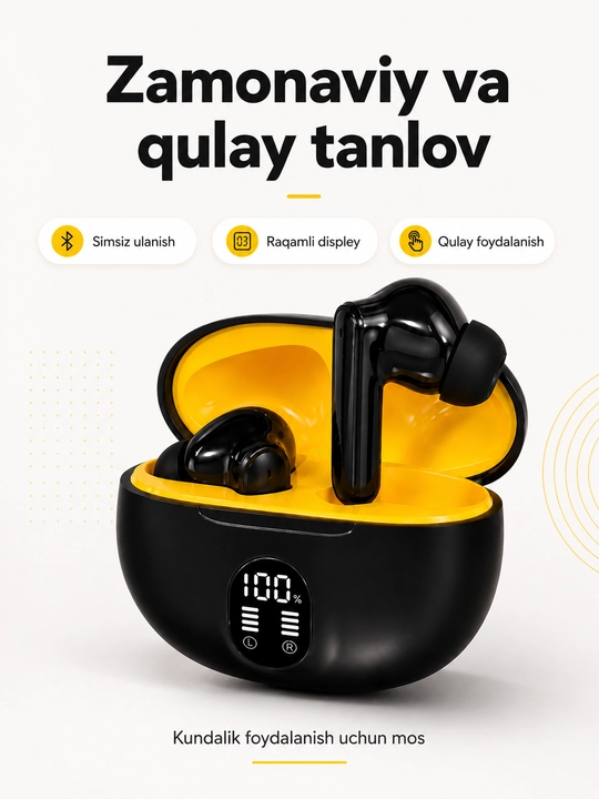 Simsiz Bluetooth quloqchin, sensorli boshqaruv va displeyli zaryadlash qutisi bilan