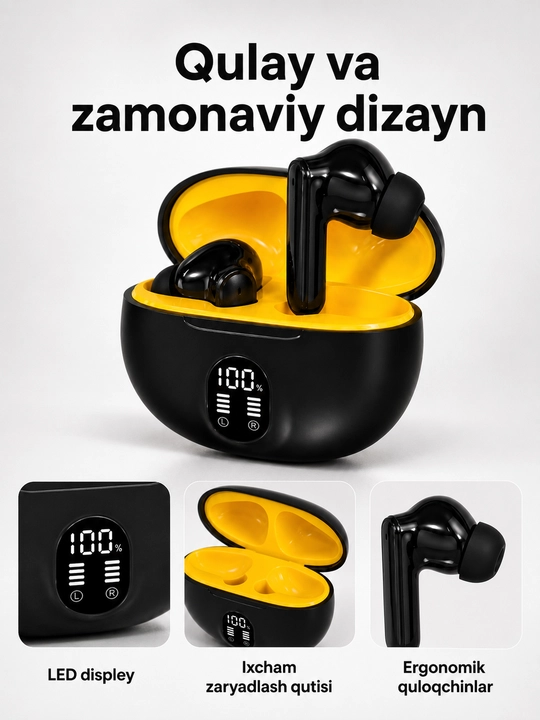 Simsiz Bluetooth quloqchin, sensorli boshqaruv va displeyli zaryadlash qutisi bilan