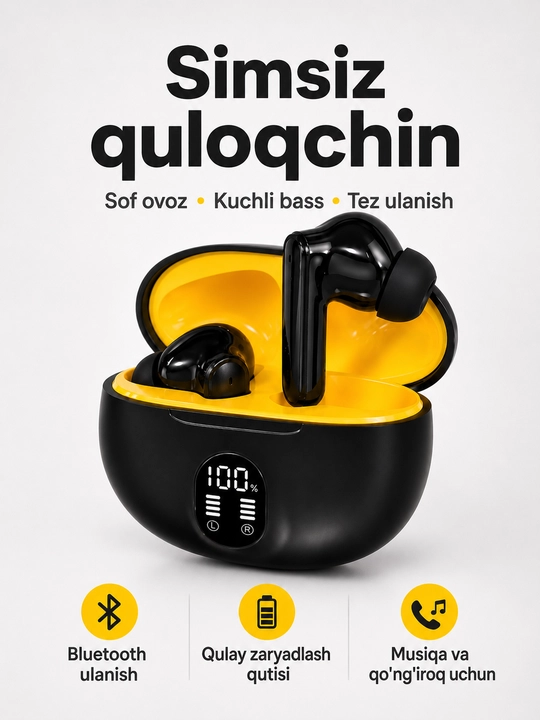 Simsiz Bluetooth quloqchin, sensorli boshqaruv va displeyli zaryadlash qutisi bilan