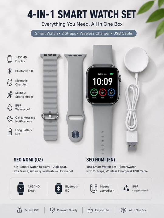 HK-SA Smart Soat 1.83 HD, Bluetooth 5.0, Qo'ng'iroq, 2 ta Remeshok
