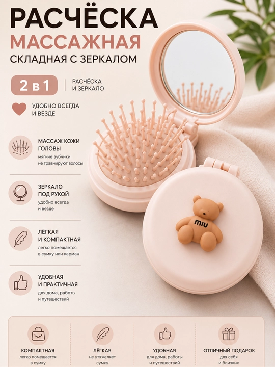 Расческа для волос с зеркалом, складная, маленькая - 