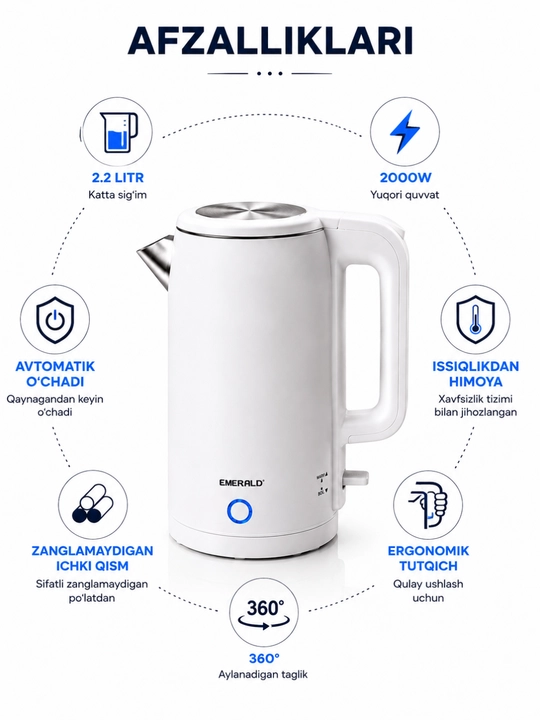 Elektr choynaklar to‘plami, 1.8 – 2.2-2.5 litr, 1500Vt, avtomatik o‘chirish, LED yoritgich