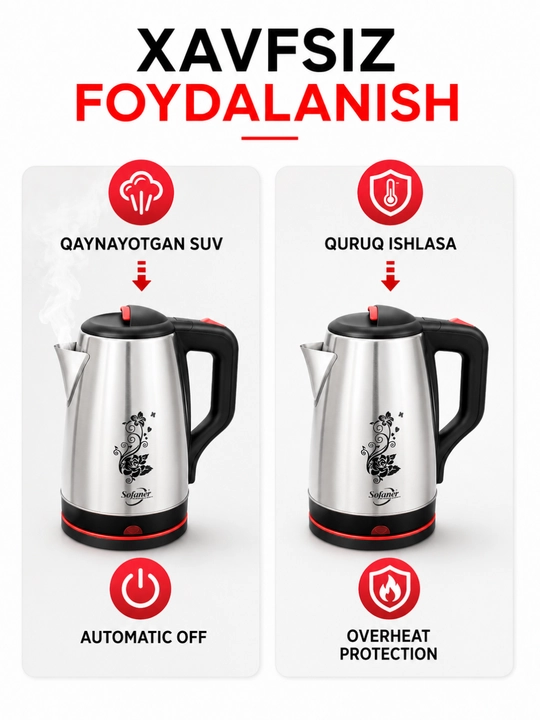 Elektr choynaklar to‘plami, 1.8 – 2.2-2.5 litr, 1500Vt, avtomatik o‘chirish, LED yoritgich