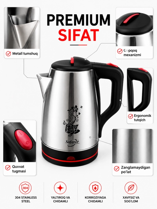 Elektr choynaklar to‘plami, 1.8 – 2.2-2.5 litr, 1500Vt, avtomatik o‘chirish, LED yoritgich