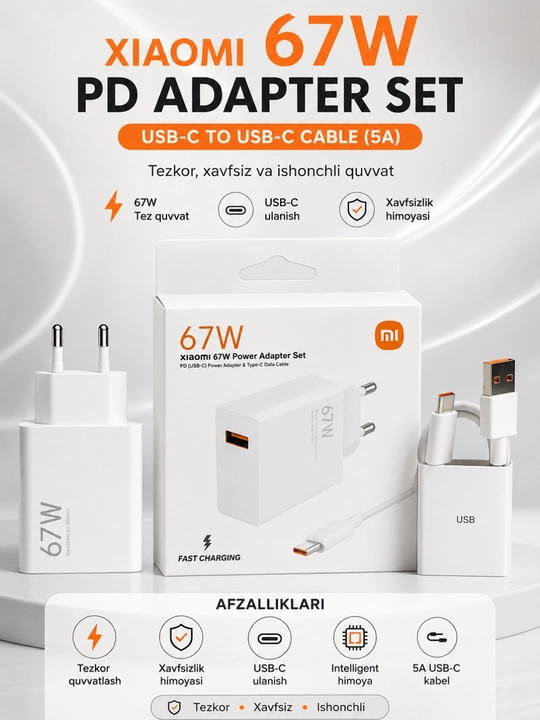 USB-C kabeli va adapteri bilan 33W / 67W / 120W tez quvvatlash qurilmasi - 