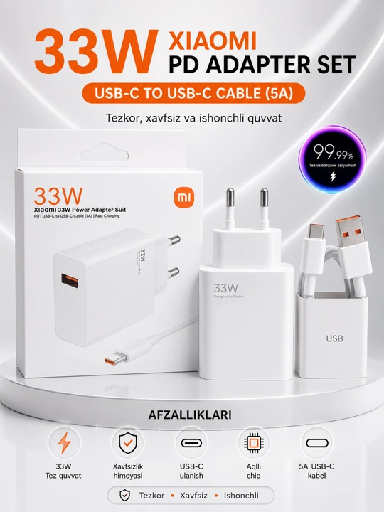 USB-C kabeli va adapteri bilan 33W / 67W / 120W tez quvvatlash qurilmasi - 