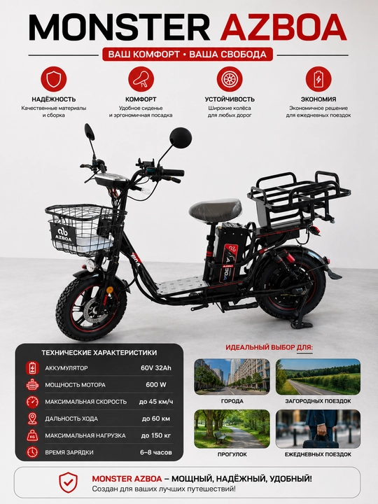Monster Azboa 60V 32Ah elektr velosipedi, shahar elektr velosipedi, 60V/32Ah batareya