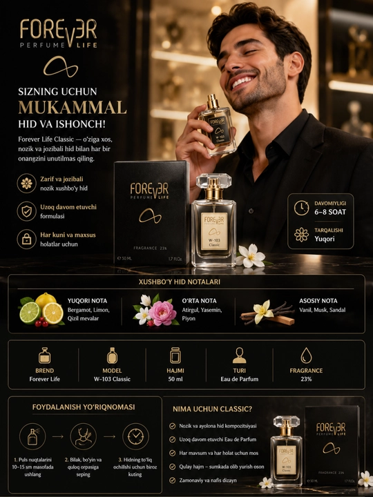 Erkaklar atiri, parfum, eau de parfum, forever life, 50 ml, uzoq hid, classic