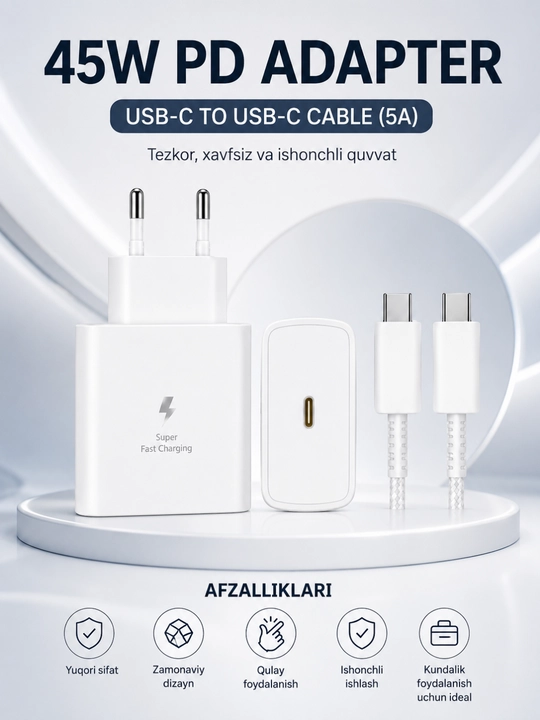 45W PD Tezkor Zaryadlovchi Adapter – USB-C 5A Kabel bilan Fast Charge Komplekti - 