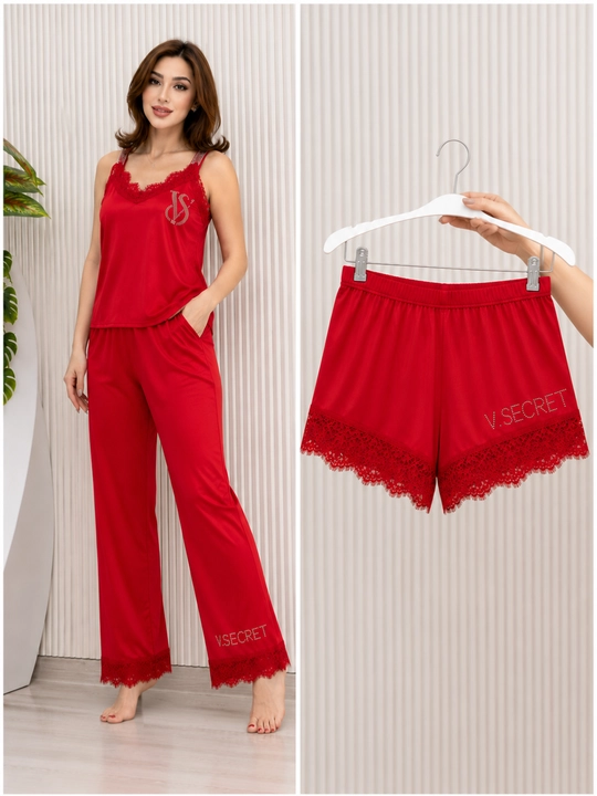 Pijama to'plami 3 qismli, ayollar pijamasi 3 tasi 1 da mayka, shortik, shim 