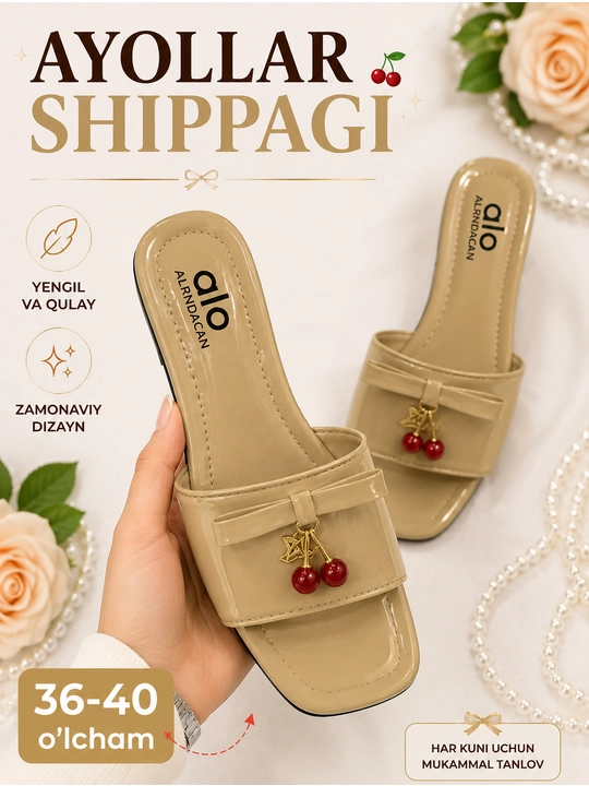 Ayollar shippaklari, zamonaviy gilos bezakli tapichkalar, yoz uchun mos shlepanslar, 36-40 - 