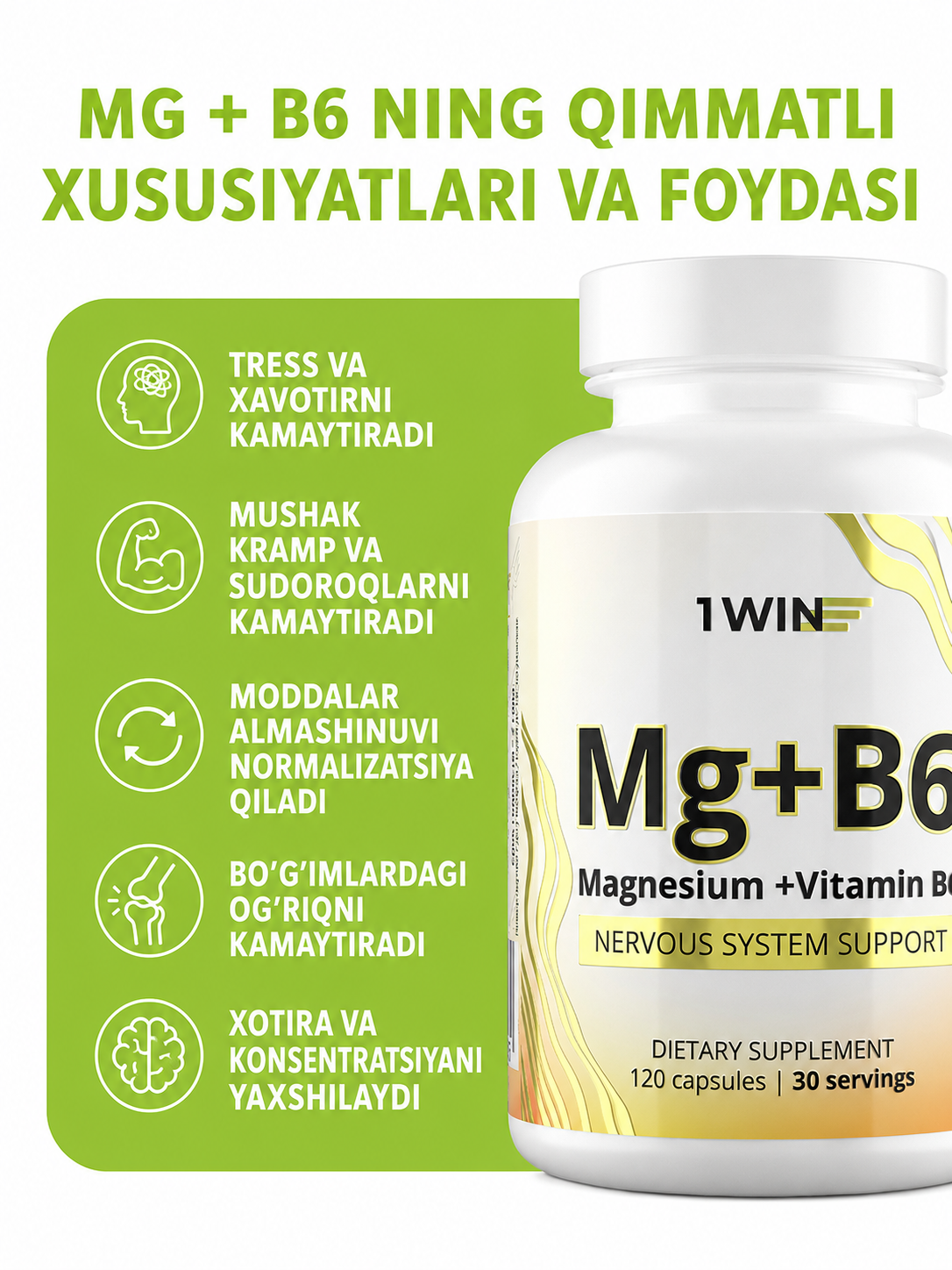 Magniy sitrat + Vitamin B6 1WIN kapsulalar, asab, mushak va uyqu uchun magniy