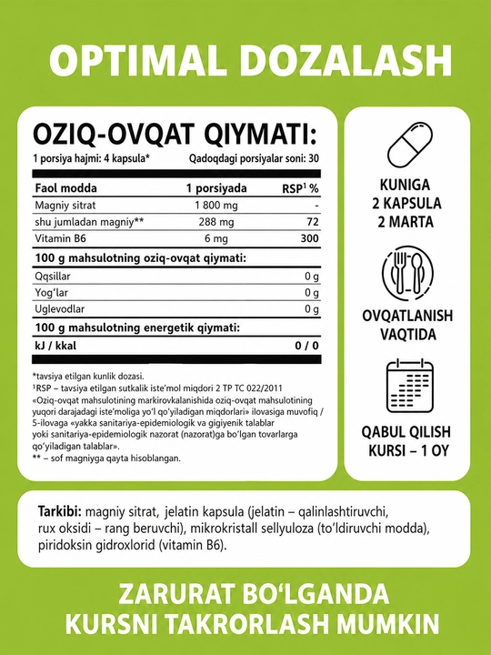 Magniy sitrat + Vitamin B6 1WIN kapsulalar, asab, mushak va uyqu uchun magniy