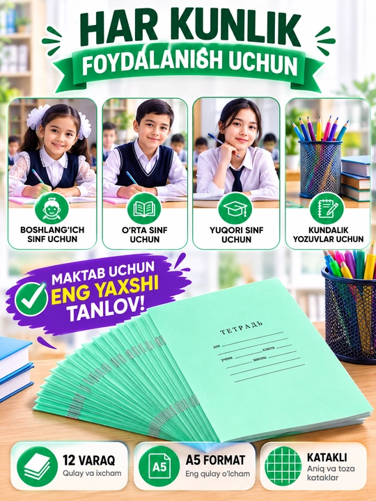 12 varaq A5 daftar 10 dona to'plam – katak, yo'llik, kichik yo'llik maktab uchun