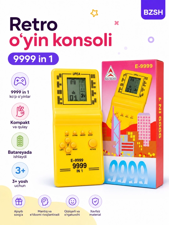 Portativ retro o‘yin konsoli E-9999, Tetris va klassik o‘yinlar, bolalar uchun