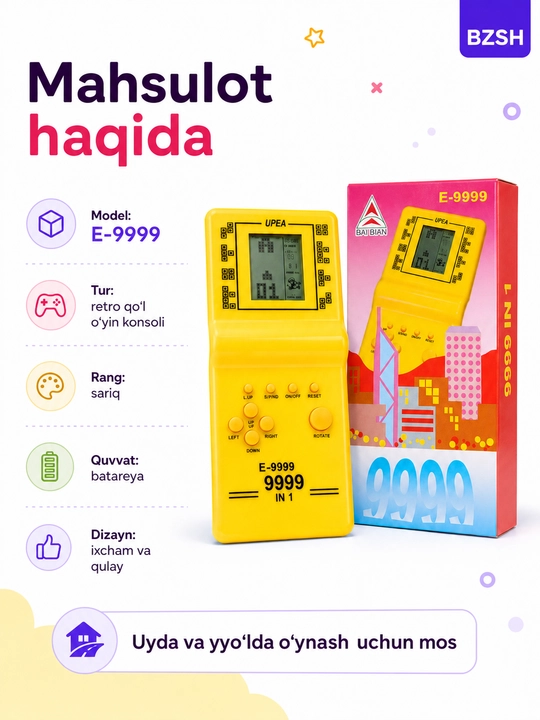 Portativ retro o‘yin konsoli E-9999, Tetris va klassik o‘yinlar, bolalar uchun