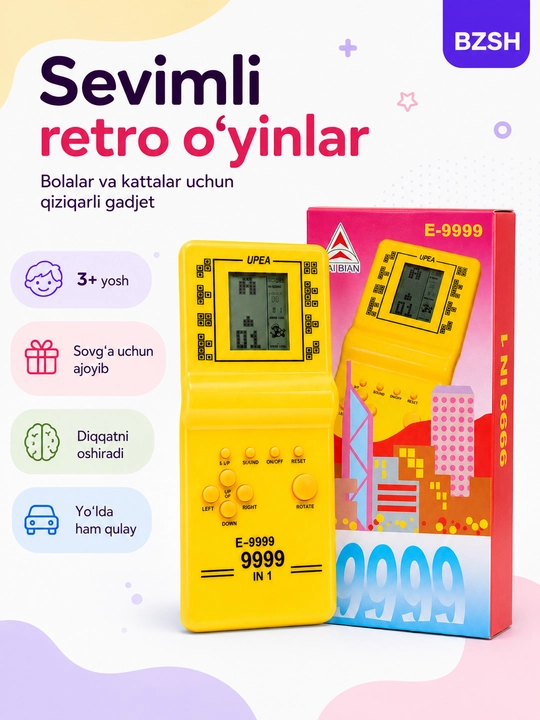 Portativ retro o‘yin konsoli E-9999, Tetris va klassik o‘yinlar, bolalar uchun - 