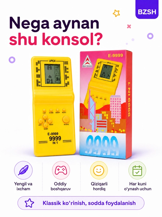 Portativ retro o‘yin konsoli E-9999, Tetris va klassik o‘yinlar, bolalar uchun