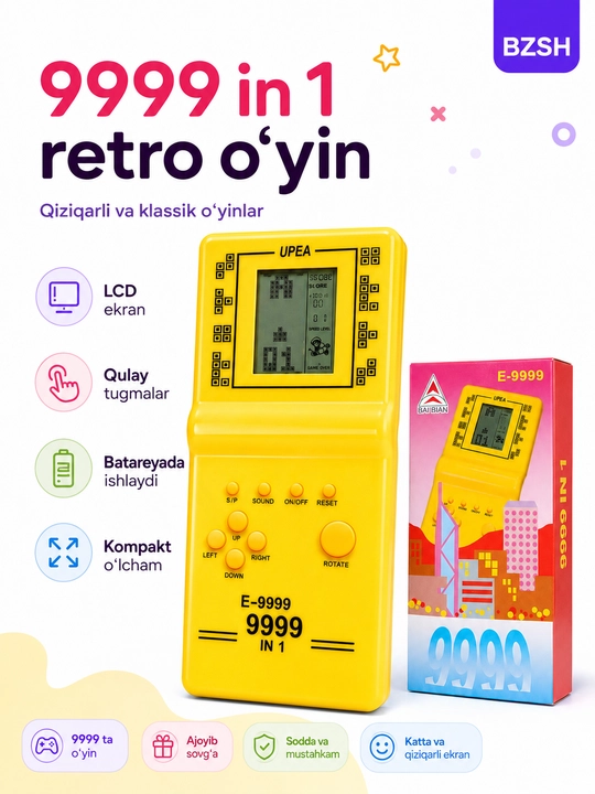 Portativ retro o‘yin konsoli E-9999, Tetris va klassik o‘yinlar, bolalar uchun
