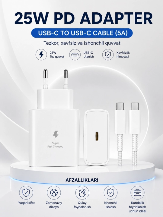25W PD Tezkor Zaryadlovchi Adapter – USB-C 5A Kabel bilan Fast Charge Komplekti - 
