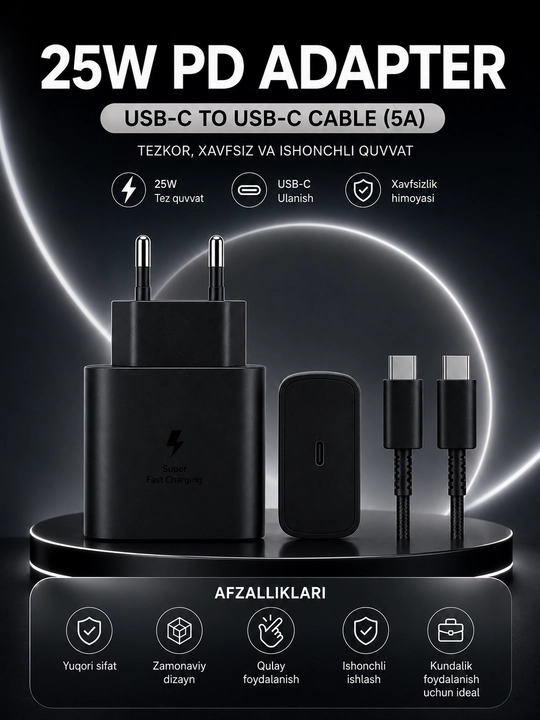 25W PD Tezkor Zaryadlovchi Adapter – USB-C 5A Kabel bilan Fast Charge Komplekti - 