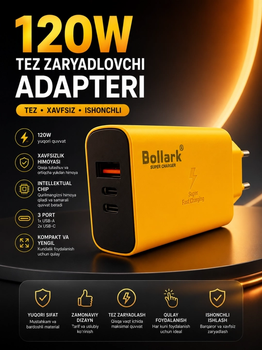 120W Tezkor Zaryadlovchi – 4 Portli GaN Adapter, PD va QC3.0 Fast Charger - 