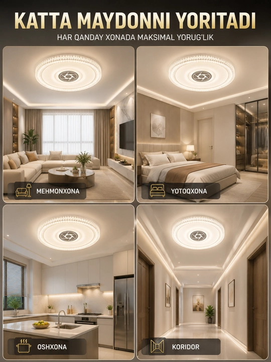 LED plafon 96W Ø45 sm, dumaloq va kvadrat, 3 xil yoritish rejimi, kristall ramkali