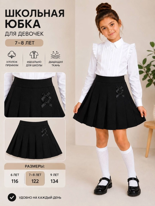 Школьная юбка для девочек, чёрная юбка, плиссированная юбка, юбка, 7-8 лет - 