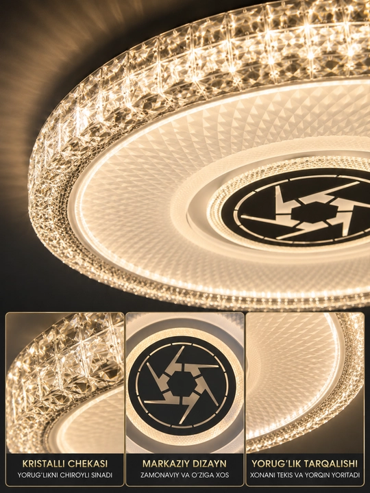 LED plafon 96W Ø45 sm, dumaloq va kvadrat, 3 xil yoritish rejimi, kristall ramkali