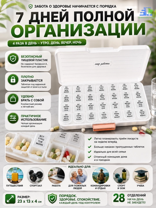 Таблетница, 4 раза в день, на 7 дней - 