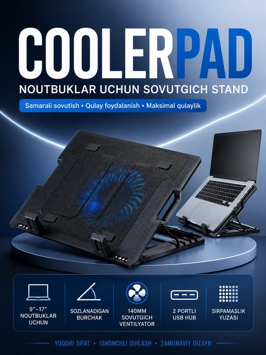 CoolerPad Noutbuk Sovutish Stendi – 9–17" Laptoplar Uchun USB Ventilyatorli Stend - 