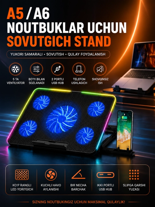 A5/A6 CoolerPad Noutbuk Sovutish Stendi – 5 Ventilyatorli, RGB, USB, 9–17 Dyuym - 