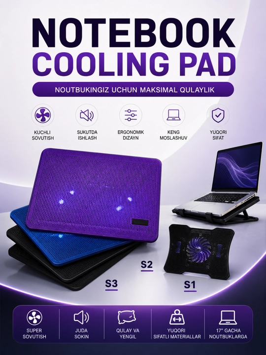 S1/S2/S3 Notebook Cooling Pad – 9–17" Noutbuklar Uchun USB Sovutish Stendi - 