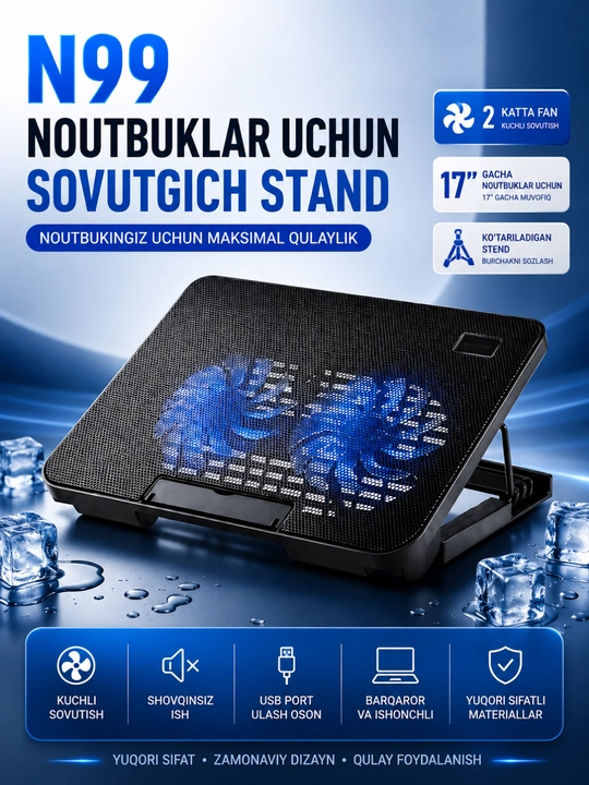 17 Dyuymgacha Noutbuklar Uchun USB Sovutgich Stend – 2 Ventilyatorli Cooling Pad - 