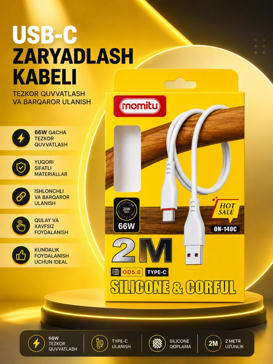 2 metrlik USB Type-C 66W silikon kabeli — tez quvvatlanadi va barqaror ma’lumot uzatadi - 