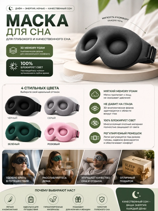 Маска для сна с углублениями 3D | Анатомическая форма, не давит на глаза