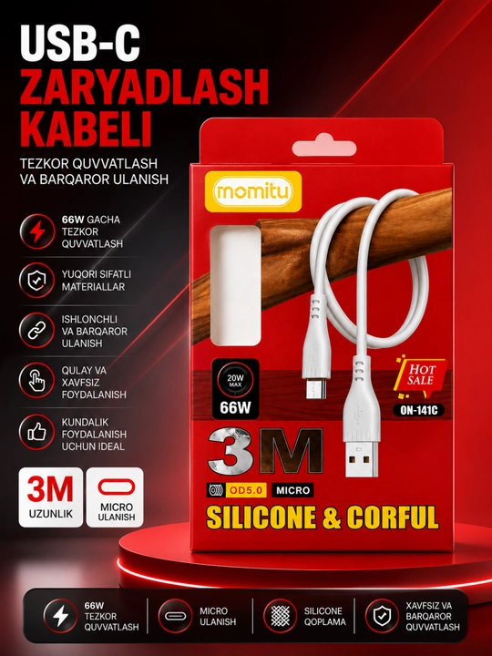 Inomitu Micro USB kabel 66W 3 metr -tez quvvatlash va ma’lumot uzatish uchun silikon kabel - 