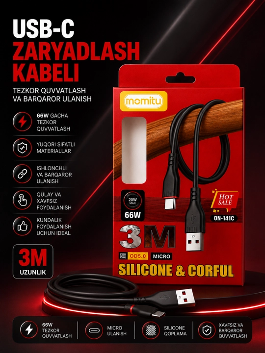 Inomitu Micro USB kabel 66W 3 metr -tez quvvatlash va ma’lumot uzatish uchun silikon kabel - 
