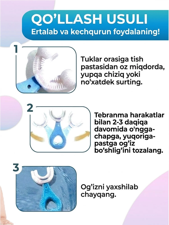 2–12 yoshli bolalar uchun U shaklidagi tish cho'tkasi, yumshoq tuklar, 1 ta